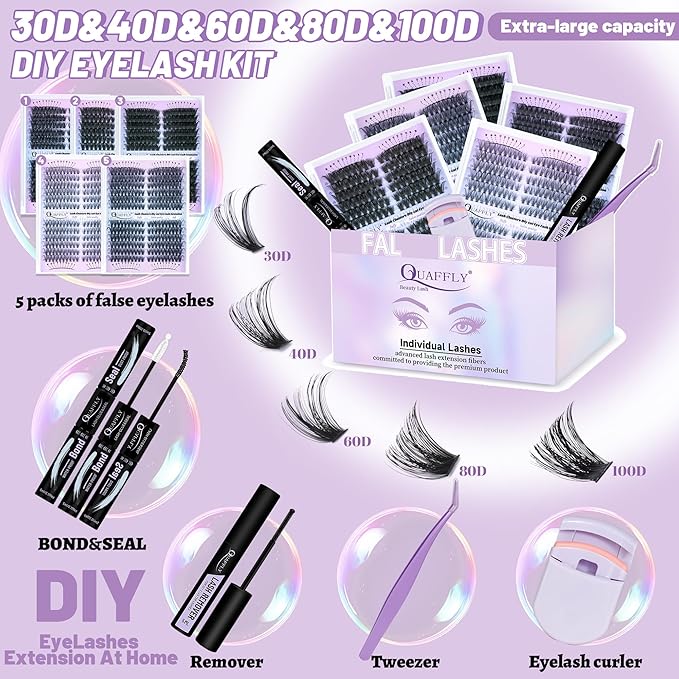 Lash Extension Kit 30-100D Volume Eyelash Extensions Kit 7-16mm Individual Lashes Clusters D Curl with Bond and Seal Remover Tweezers Lash Curler DIY Lashes at Home