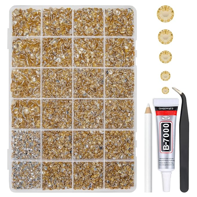 Champagne Golden Crystal Resin Rhinestones w B7000 Glue for Bedazzling Crafting 2mm-6mm Flatback Stones Diamonds Crystals Gems Bedazzler Kit Charms for Nails Face Makeup Tumblers Bottles Crafts