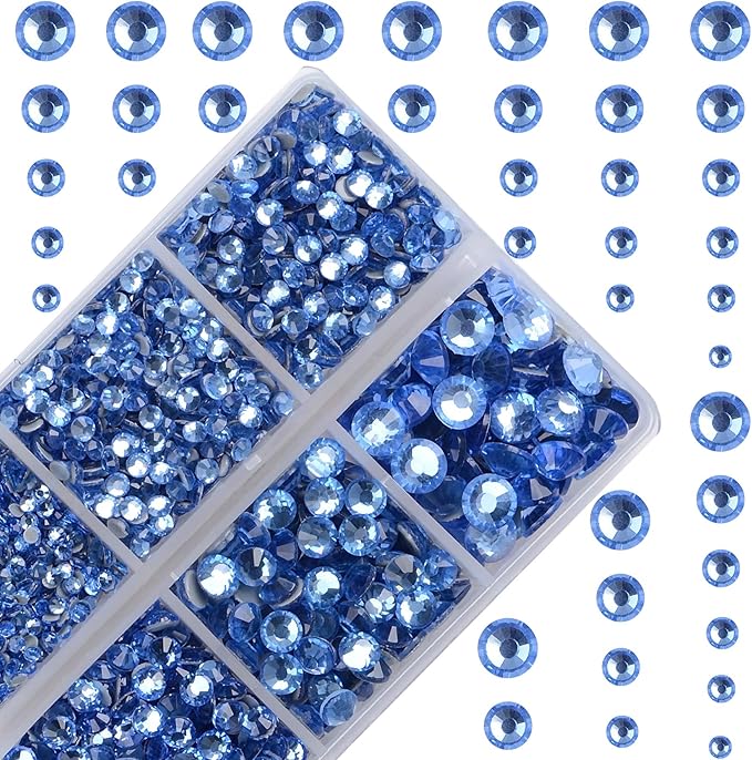 4000Pcs Mixed Size Hot Fix Round Crystals Gems Glass Stones Hotfix Flat Back Rhinestones (Light Blue)