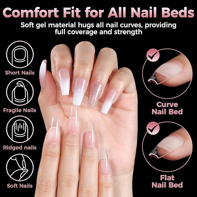 Medium Gel Coffin Nail Tips, 240pcs Soft Gel Pre-Shaped Acrylic Fake Nails, Half Matte Full Cover Clear Press on Flase Nail Tips for Extension Nail Manicure Home DIY 12 Sizes Gelly Tips