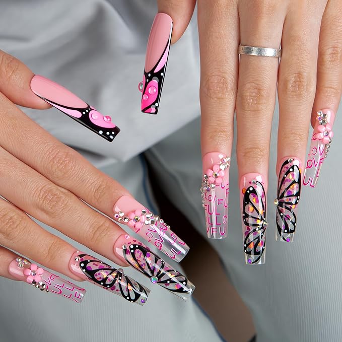 LOVFUL Press on Nails Pink Flutter| Handmade Acrylic Press ons| Reusable Fake False Nails| Square Mid length 1.7in| H723-L