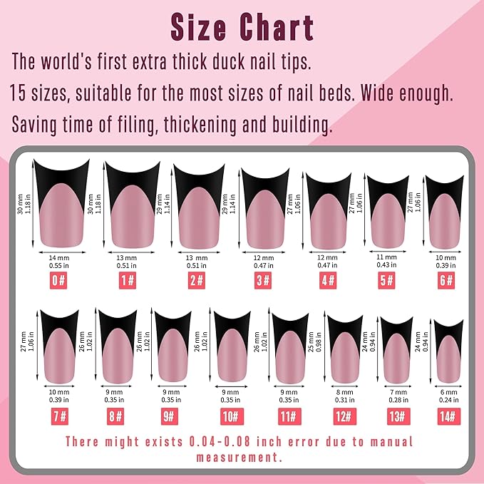 NOVO OVO Halloween Black French Tip Duck Feet Nail Tips Full Cover for Press on Acrylic with Moon Curve, Thick Medim Pre-Etched Matter Flare Wide Soft Gel Fake False Nail Extension x 15 Sizes 150 pcs