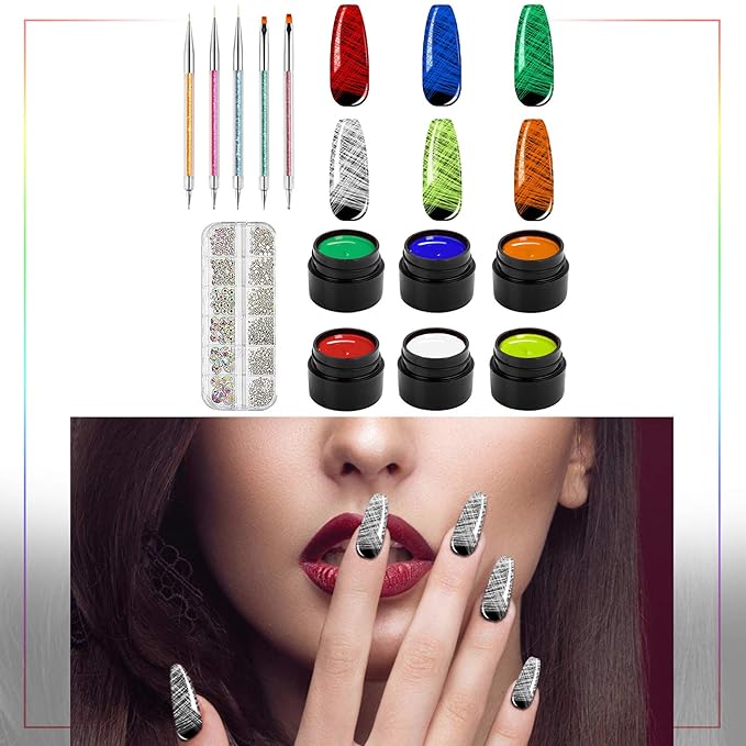 Vtrem 8ML 6 Colors Spider Gel Set with 5 PCs Double Ended Point Drill Drawing Brush Pen + Nail Rhinestones, Matrix Gel with Gel Paint Design Nail Art Kit Wire Drawing Nail Gel for Line