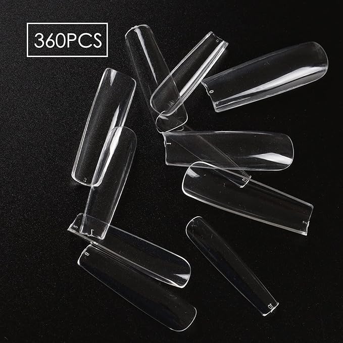 Square Nail Tips Full Cover, Extra Long Clear Professional Acrylic Tips, XXL Utra-hard False Nails Press on Nails for Nail Extension Manicurists, 360Pcs