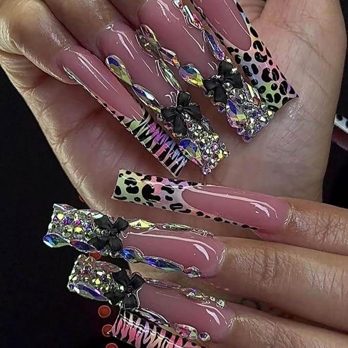 Xl Long Press on Nails Square Fake Nails Pink Full Cover Glue on Nails with Rhinestones and Bow Design Acrylic Nail Press Ons Glossy False Nails Extra Long Nail for Women (Leopard French Tip)