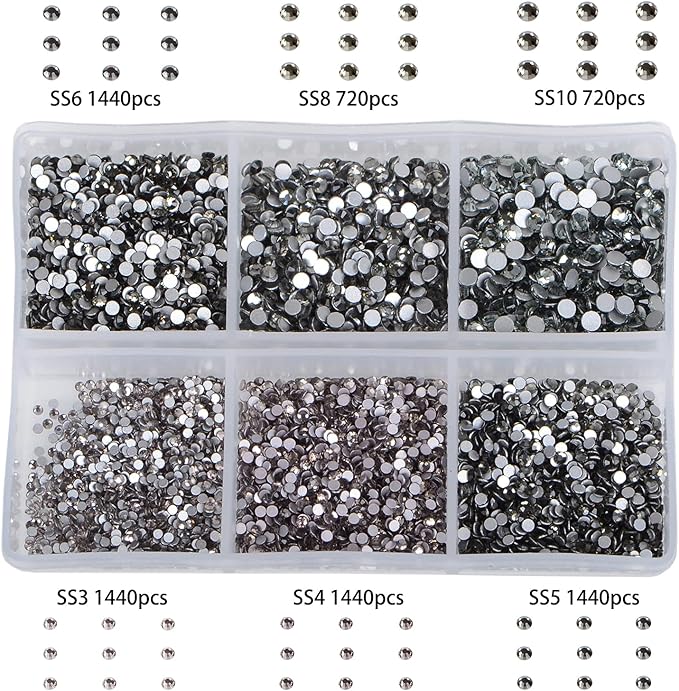 Bymitel 7200 Pieces 6 Mixed Sizes Glue Fix on Glass Rhinestones Round Crystal Gems Flatback for DIY Jewelry Making with one Picking Pen(6-Sizes 7200PCS, Black Diamond)