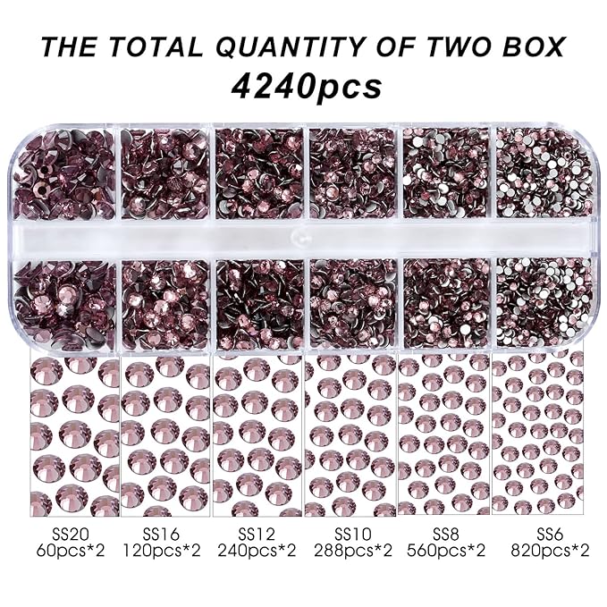 4240Pcs Flatback Light Purple Rhinestones Glass Crystal Diamonds for Nail Art Face Jewels Shiny Round with Tweezers and Picking Pen (SS6~SS20 Set)