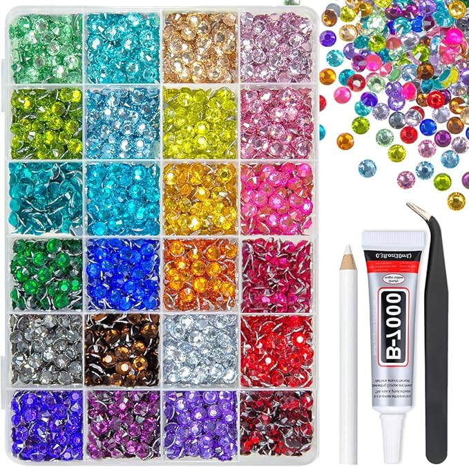 24 Color 6mm Crystal Resin Rhinestones for Bedazzling Crafting SS30 Flatback Stones Colorful Gems Diamonds Charms for Nails Eyes Face Makeup Tumblers Bottles DIY Crafts Clothes Shoes Phones