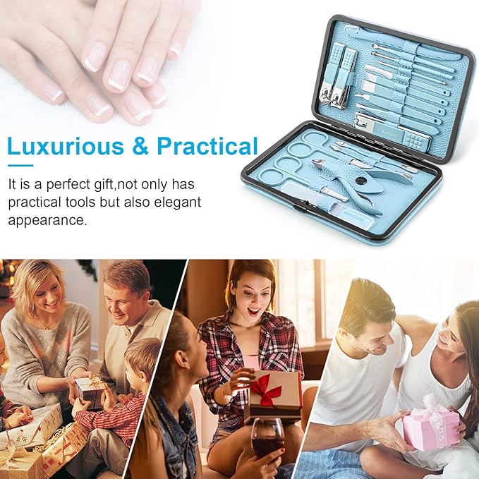 Manicure Set Professional Pedicure Kit Nail Clippers Kit - 18 pcs Nail Care Tools - Grooming Kit with Luxurious Upgraded Travel Case (Blue)