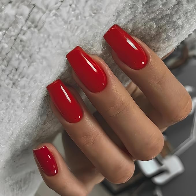 KQueenest Red Press on Nails Long Medium Square, Wine Red Fake Nails Medium Coffin, Glossy Opaque Color Acrylic Nails Press ons, Reusable Soft Gel Glue on Nails for Women Finger Decoration