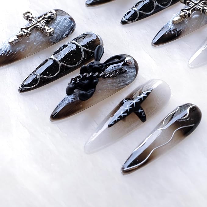 Gothic Press-On Nails, Long Stiletto Shape, Black with 3D Bunny and Cross Design, Handmade False Nail 10 Pieces (Large, LS)