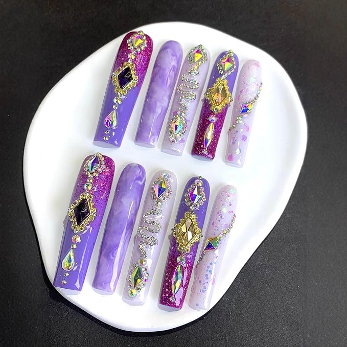 Extra Long Handmade Press On Nails Square Violet Fake Nails Glitter Full Cover False Nails with Glue Luxury Rhinestones and Charms Designs Acrylic Stick on Nail for Women Manicure 10Pcs(Size M)