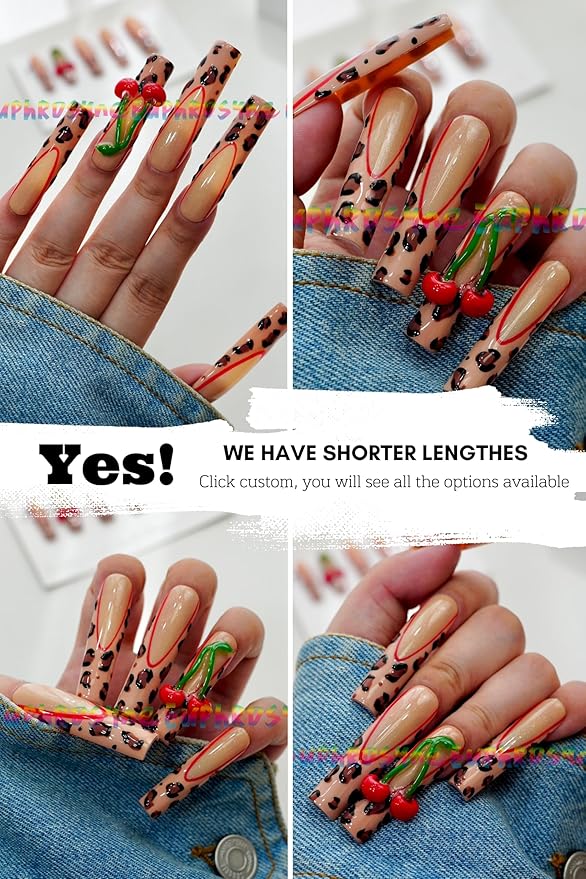 Cherry and Leopard Print Press On Nails – 10PCS Long Coffin Fake Nails with Red French Tips & 3D Fruit Charms, Reusable Glossy Summer Nails for Women and Girls – Euphrosyne