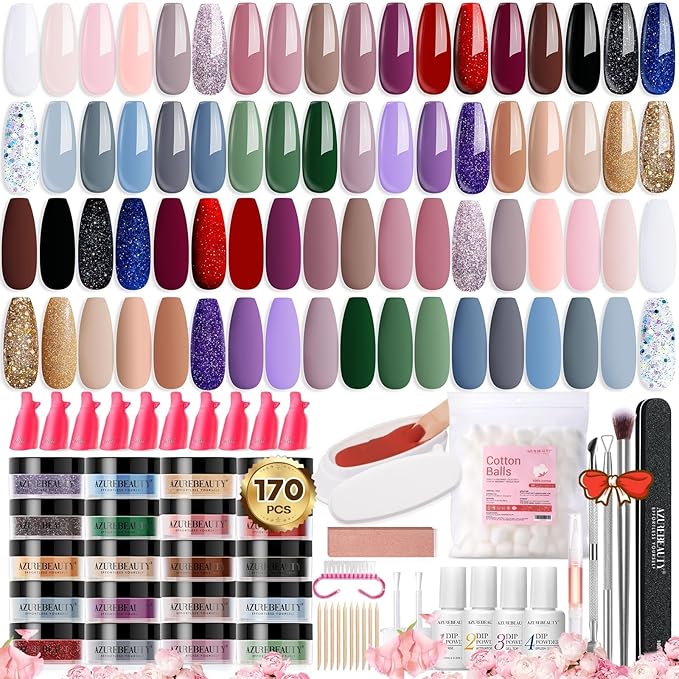 AZUREBEAUTY 170Pcs Dip Powder Nail Kit, 36 Colors Fall Winter Red Glitter Brown Christmas Dipping Powder Starter with Top/Base Coat Activator & Removal Accessories Set for French Manicure Salon