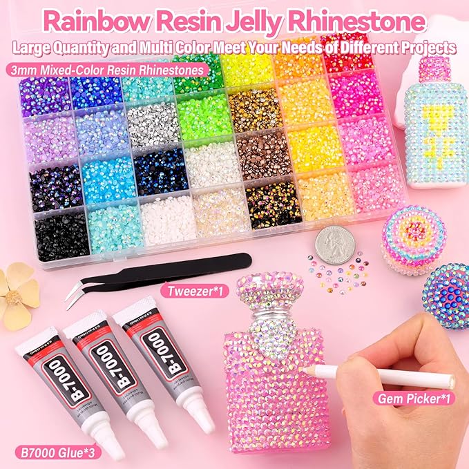 34000Pcs Resin Rhinestones for Bedazzling Kit, Mixed-Color 3mm Bedazzled Crystal with 3Pcs 10ml B7000 Jewelry Glue, Flatback Gems for DIY Crafts Clothing Nail Art Makeup