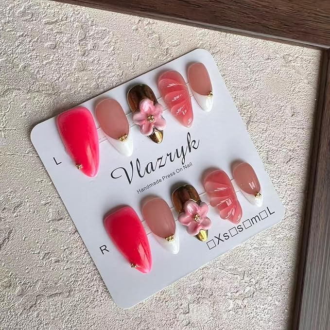 Luxury Almond Press-On Nails, 3D Flower French Tip Handmade Make Press On Nails, Gold and pink mix Design Reusable, Thick Acrylic Glossy False Nails for Women （10PCS)