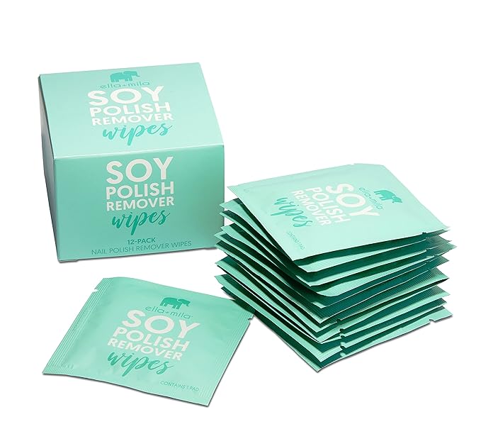 ella+mila Soy Nail Polish Remover Wipes - Non-Acetone, Non-Toxic Fingernail Polish Remover Pads - Travel Size, Individually Wrapped, Lint Free - Enriched with Vitamins (12 Pack)