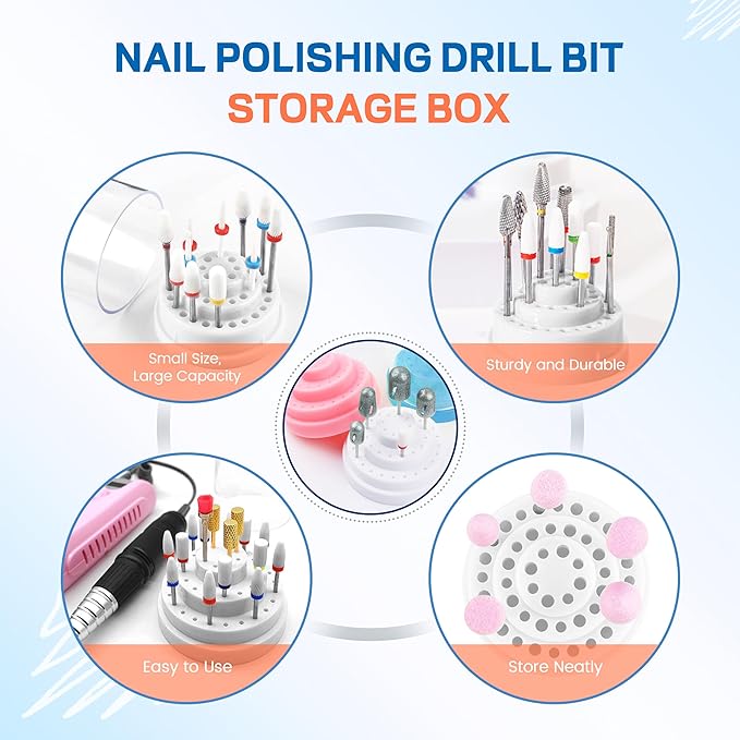 48Holes Nail Art Drill Bits Organizer Storage Box Holder Stand Display Container Manicure Accessories Acrylic Cover Tools low Speed Micro Polishing Drill Bits Grinding Head Nail Drill Holder (White)
