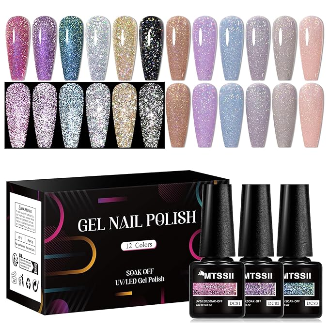 MTSSII Gel Polish Reflective Glitter Gel Nail Polish Set, 12 Colors Holographic Sparkle Glitter Gel, Flash Diamond Sliver Gold Black Red UV LED Soak Off Manicure Kit Gift for Women Girls