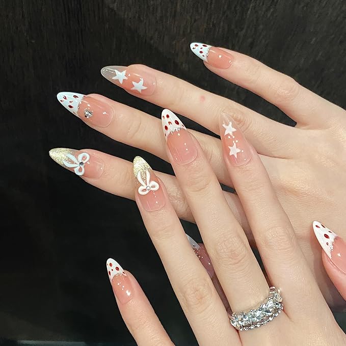 Valentine‘s Day Leopard Print Press on Nails - Gold Glitter French Tip & Bow Design, Medium Almond Nude Gradient Acrylic Fake Nails for Women (Sweet Leopard Chic, S)