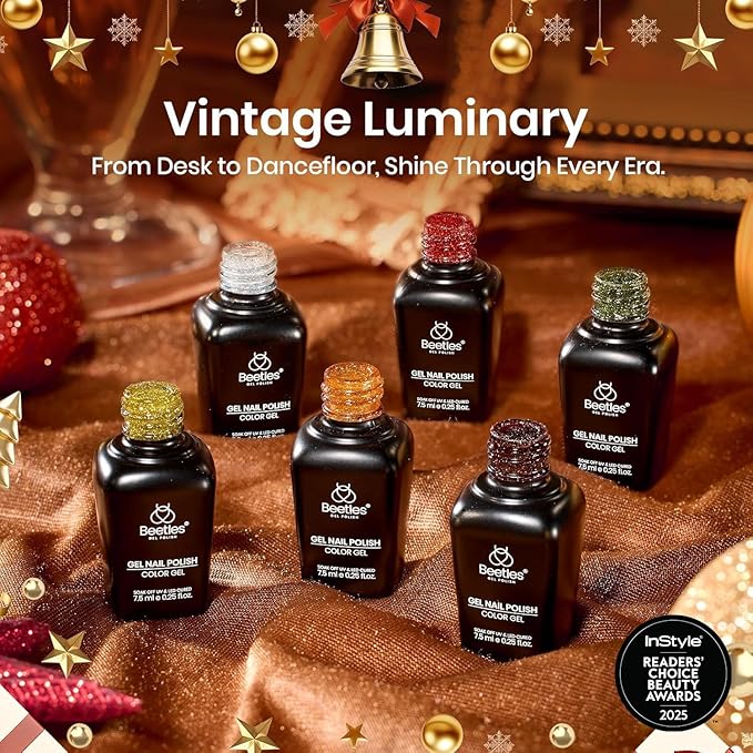 Beetles Glitter Gel Nail Polish Set – Vintage Luminary 6 Sparkling Red Gold Green Colors Reflective Long-Lasting UV LED Soak Off Gel Holiday Party Nail Art Kit Chirstmas Gift for Women
