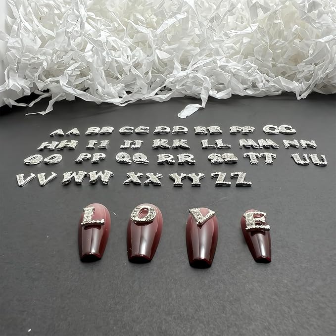 104 Pcs 3D Silver Nail Charms Letters Initial Charms for Nails Nail Letter Charms Alphabet Rhinestone Letter Nail Charms for Nail Art Design Decoration DIY Craft