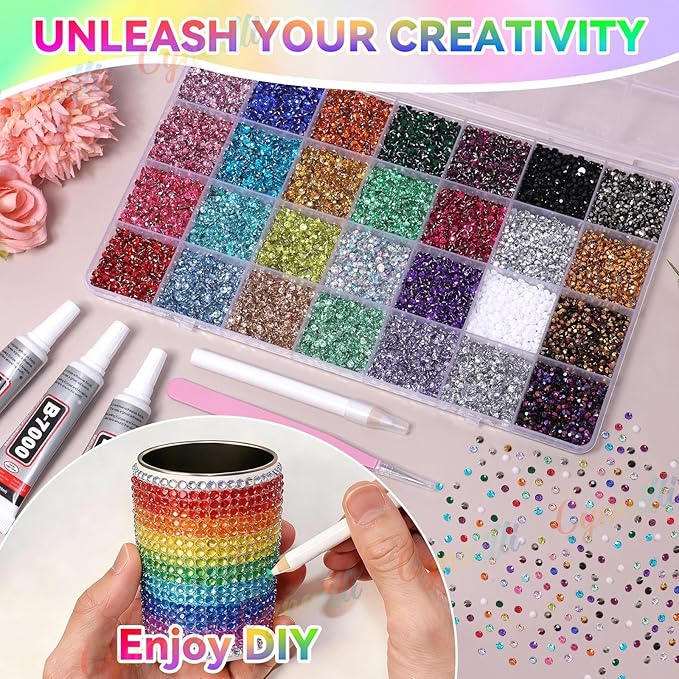 32000Pcs 3MM Colors Flatback Rhinestones for Bedazzling Kit, Colored Gems Rhinestones for Bedazzling, Colorful Gems Bedazzled for Crafting DIY Face Fabric Makeup Crafts Tumblers
