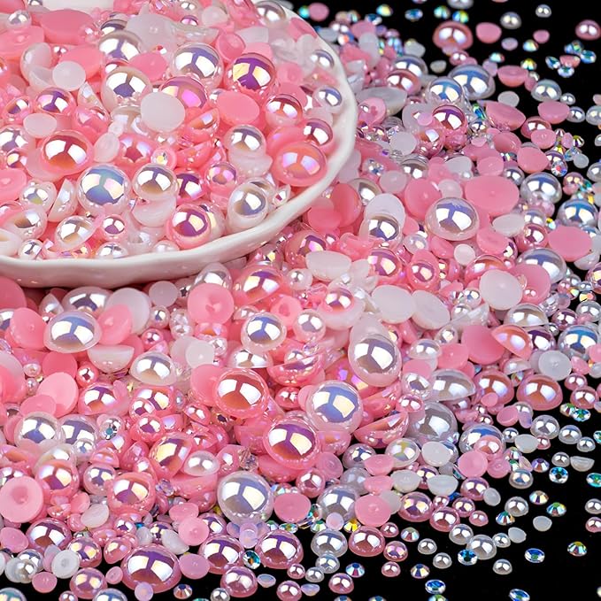 100g Flatback Pearls and Rhinestones Set 1-Pink&White, Mixed Size 3-10mm Resin Rhinestones and Half Pearls for Nail Art and Crafts and Decoration with Tweezer and Pickup Pencil