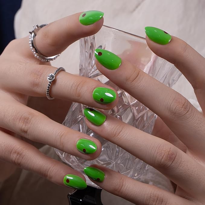 CurvLife Soft Gel Alomond Press On Nails, Long-Lasting Reusable Fake Nails Kit with Glue & Tabs, 30pcs Salon-Quality Stick On Nails for Women At-Home Manicure (Olive Martini)
