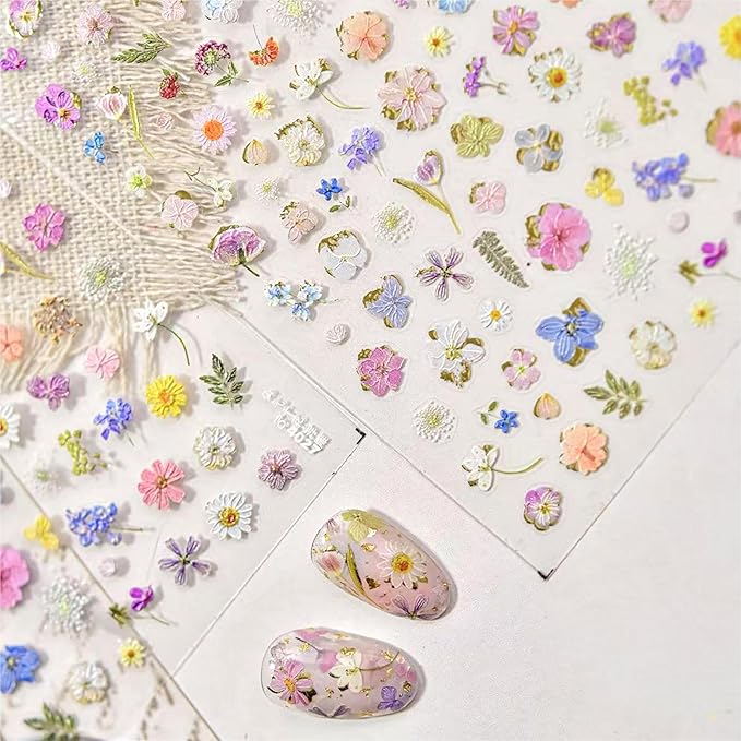 Dedyel Dried Wildflowers Nail Stickers 5D Embossed Wildflower Nail Stickers Spring Summer Red Yellow Blue White Flower Design Nail Art Decoration for Women Girls Kids