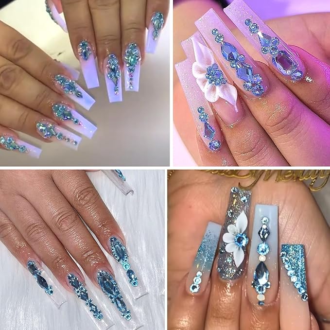 Nail Charms and Gems - 5000 Pcs, 20 Types, 20 Sizes, with Kit, Nail Rhinestones, Faux Pearls, Beads, for Nail Art (Light Blue)