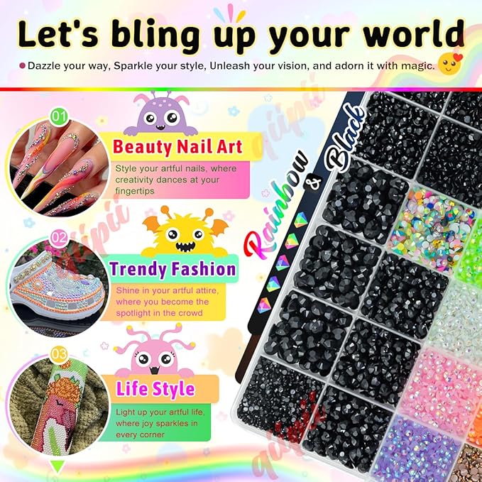 Pure Black Resin Rhinestones w B7000 Glue for Crafting Bedazzling 2mm-6mm Flatback Colorful Jelly Stones Diamonds Gems Bedazzler Kit for Nails Face Eyes Makeup Tumblers Bottles Shoes DIY Crafts