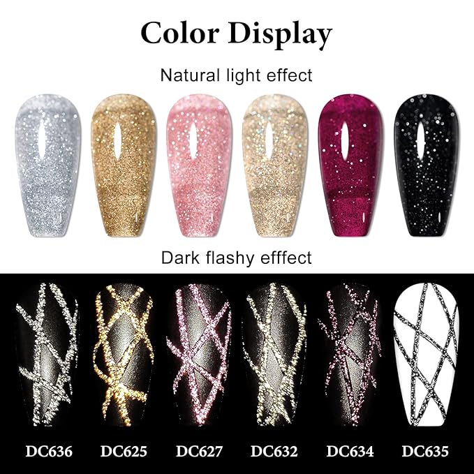 MTSSII Reflective Glitter Liner Nail Gel With Thin Nail Art Brush In Bottle, Sparkly Golden Silvery Nail Art Polish, Painting Liner Gel Polish for Swirl Nails Cyber Punk French Acrylic Nail