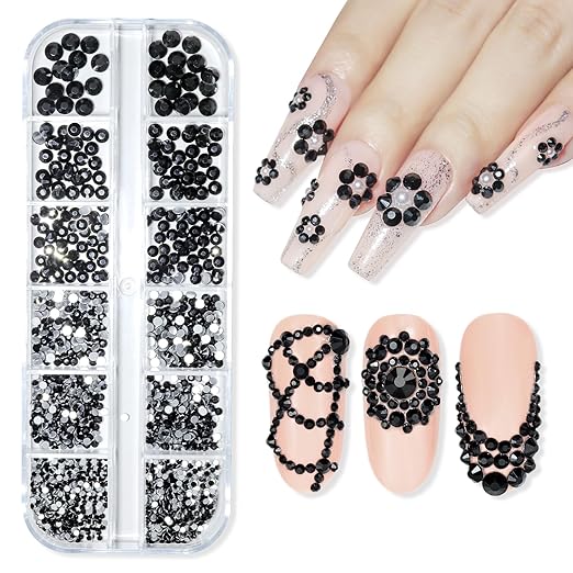 Makartt, 1110 Pcs Rhinestones Set, Black, Round, Multi-Size, Glass or Crystal, for DIY Crafts, Nail Art Supplies Accessories, Christmas Gift