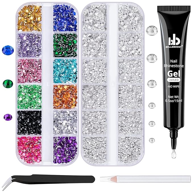 BELLEBOOST Nail Art Rhinestone Glue Gel&2 Boxes Flatback Gems Kit, 1 Tube of 15ml Rhinestone Gel Glue(UV/LED Needed)+Colorful Gems+Flat-Back Round Glass Crystal Clear Gemstones with Pickup Tools