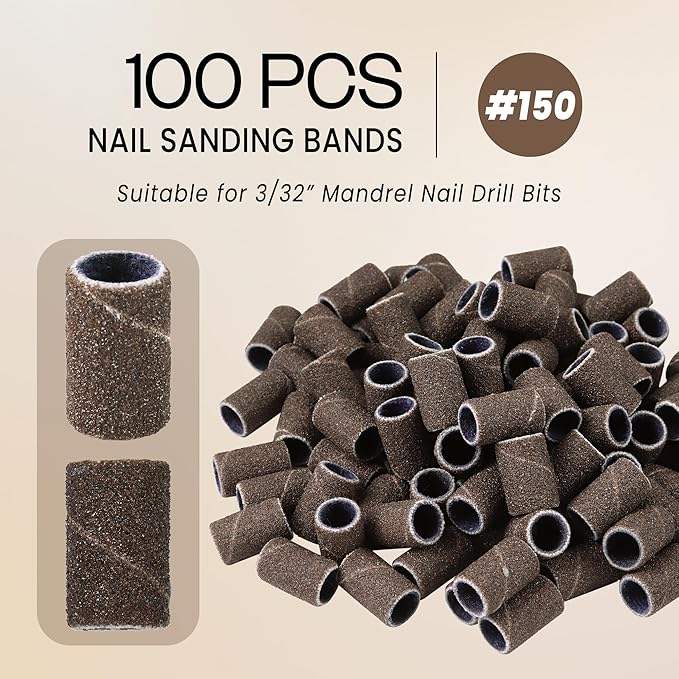 100 Pcs Large Nail Drill Bits Sanding Bands for Nail Drill – Nail File for Acrylic Nail Gel Manicures Pedicure PANA Nail Drill Bits (Sanding Bands Variation 01) (150 Grit, Large Brown)