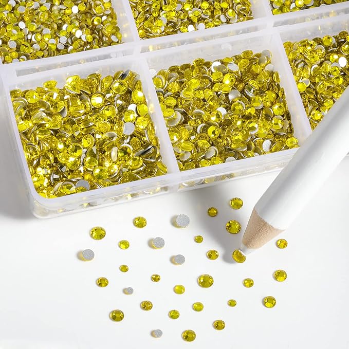 Beadsland 7200pcs Flatback Rhinestones,Yellow Rhinestone Nail Gems Round Crystal Rhinestones for Crafts,Mixed 6 Sizes with Wax Pencil Kit, SS3-SS10,Citrine/Lemon Yellow