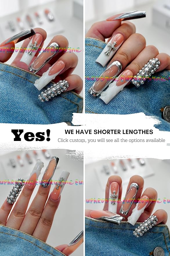 Euphrosyne Nude Ombre Coffin Fake Nails – 10pcs Extra Long Press Ons with Bold Rhinestone Chains & Star Dangles | Showstopper Glam Nails for Party, Stage, or Photos
