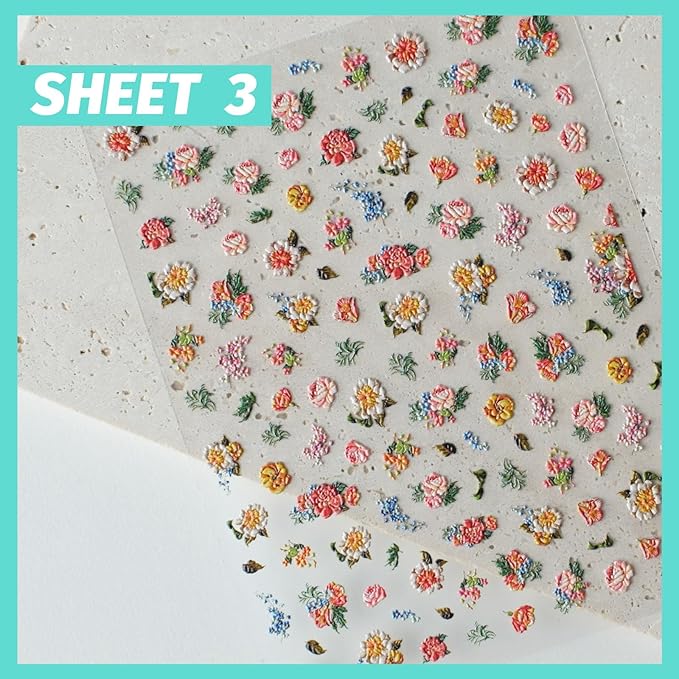 Embossed Flower Nail Art Stickers, Vintage Rose Floral Nail Decals Design, Self-Adhesive, Nail Accessories & Supplies 3 Sheets