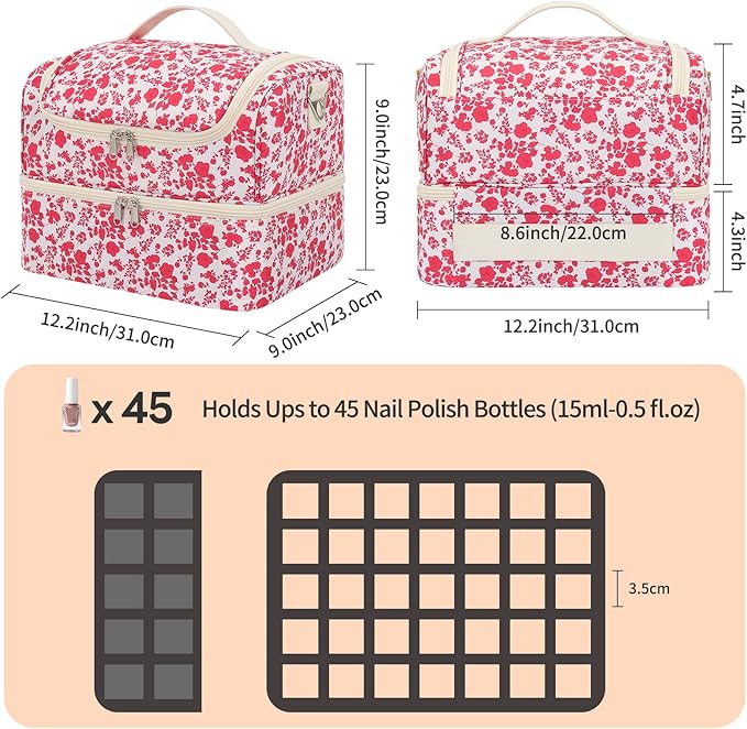 CUBETASTIC Nail Polish Organizer, Nail Supplies Storage Case Holds 45 Bottles Nail Polish & Nail Lamp, Travel Nail Tech Carrying Bag, Nail Kit Bag For Nail Stuff & Manicure Tools