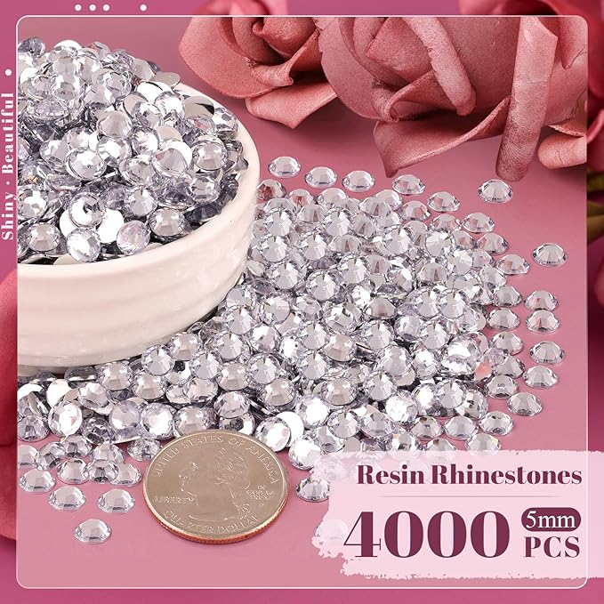 4000PCS 5mm Resin Rhinestones Bulk for Crafting (Clear), Flatback Bedazzling Crystals for Crafts DIY Nail Decoration, Gems Charms for Tumbler Shoes Clothing Fabric with Pickup Pen and Tweezers