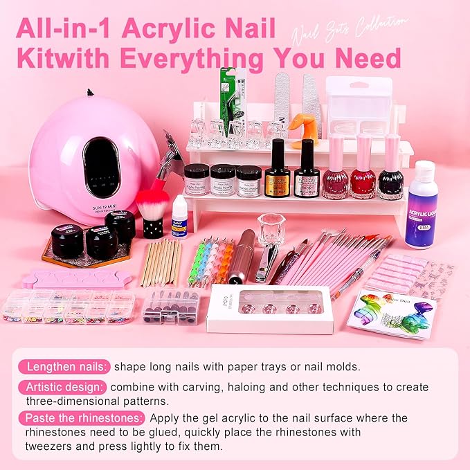 Acrylic Nail Kit with Everything for Beginners Starter Complete Set with Drill Light Nail Polish Extension Gel Nail Art Decoration Tools for Salon Starter Home Salon