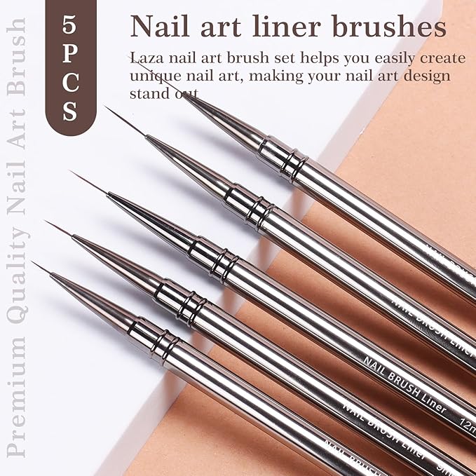 Laza Nail Art Brushes, 5pcs Nail Art Liner Brushes for UV Gel Polish, Painting Art Design Brush for Long Lines, Thin Details, Fine Drawing Sizes 6/9/12/15/18mm for Manicure DIY Nail Design