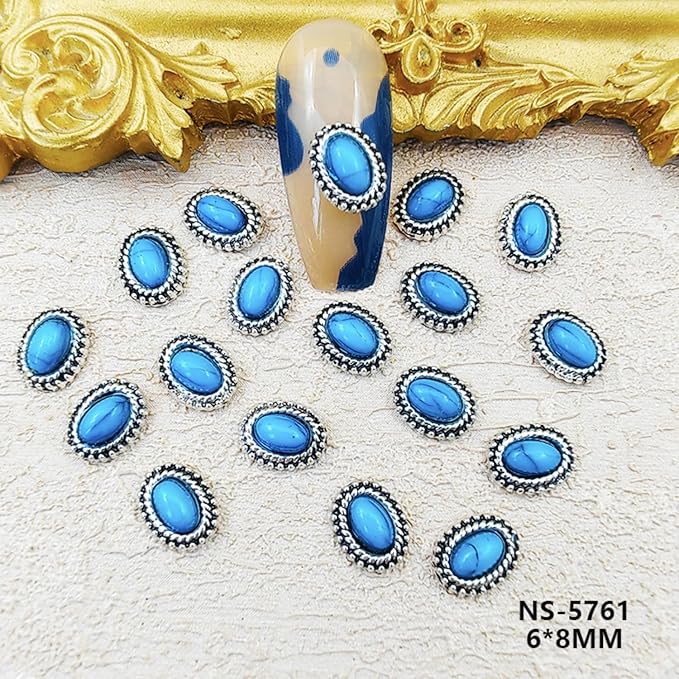 50pcs Western Nail Art Jewelry 3D Turquoise Jewelry Vintage Mixed Oval Blue Pink Marble Nail Art Jewelry for Nail Phone Case Halloween Wedding Party Decoration DIY