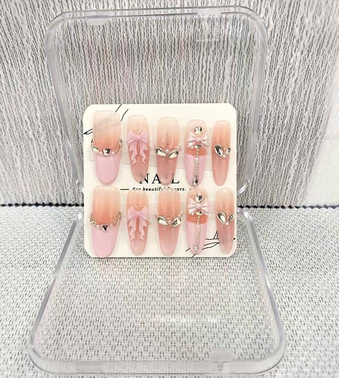 Handmade Press on Nails Long Stiletto Fake Nails Pink French Tip False Nails with 3D Rhinestones Bow Designs Sparkly luxury Artificial Nails Reusable for Women 10pcs (Size M）