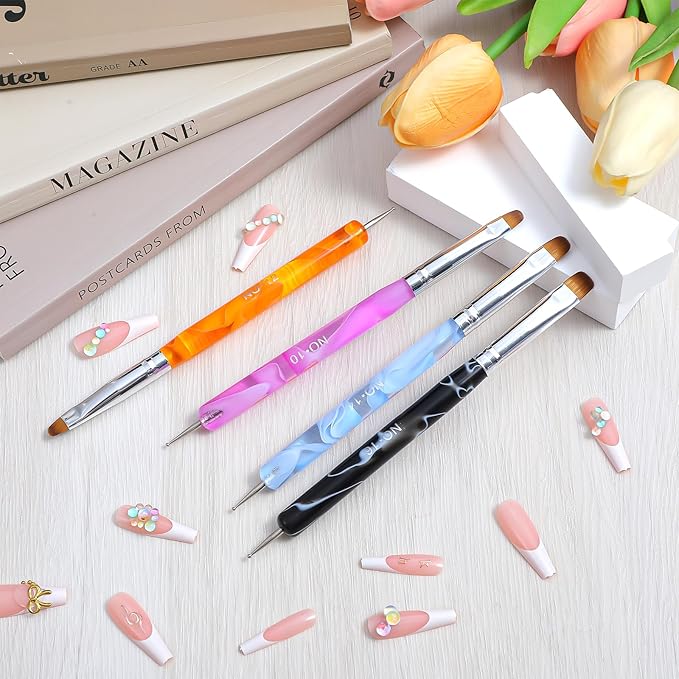 4 Pcs Gel Nail Art Brush Set, French Brush for Nails with Dotting Tool, French Tip Acrylic Brushes for Professional Manicure Detailed Designs DIY Nail Salon (10# 12# 14# 16#)