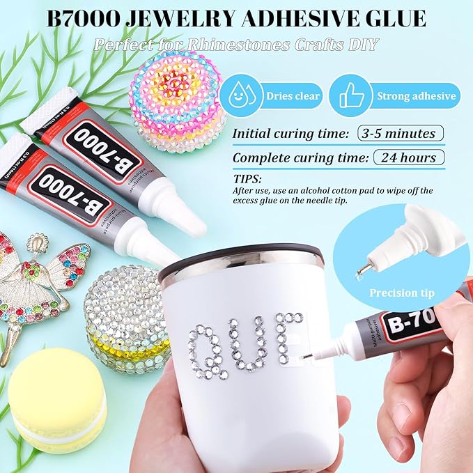 12000Pcs Resin Rhinestones for Bedazzling with 3Pcs B7000 Jewelry Glue, 2 Boxes Clear Flatback Rhinestones for Crafting Crafts DIY, Crystals Gems for Clothing Shoes Tumblers Nail Art Makeup