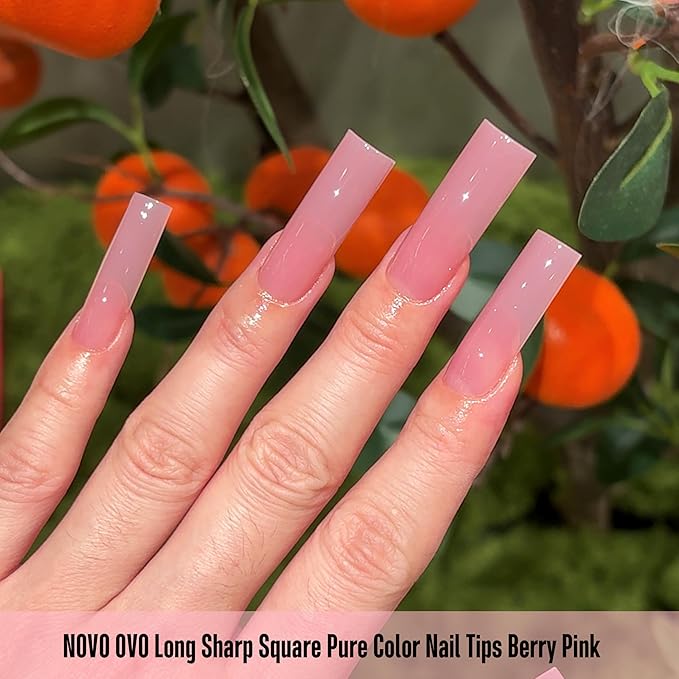 NOVO OVO Long Sharp Square Nail Tips Press on Pure Color BERRY PINK, Extra Thick NEED Builder Gel & Top Coat, Soft Gel Matte Fake Nail Extension, Full Cover False Nails for Salon DIYx 15 Sizes 180 pc