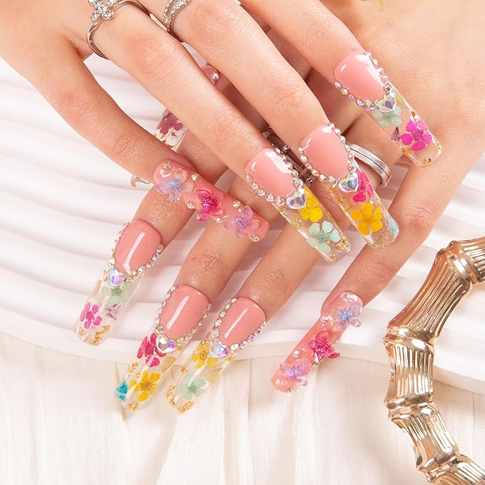 LOVFUL Press on Nails Flora| Handmade with Full Covered Crystals| Reusable Fake Nails| Square Mid length 1.7in| H176-M