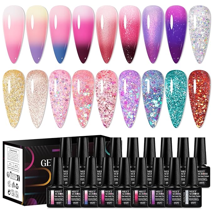 MEET ACROSS Color Changing Rubber Base Builder Gel Polish Nude Pink Purple Mood Temperature Change Nail Polish + Jelly Glitter Gel Nail Polish, Base Color Gel Polish Set 18pcs*7ml